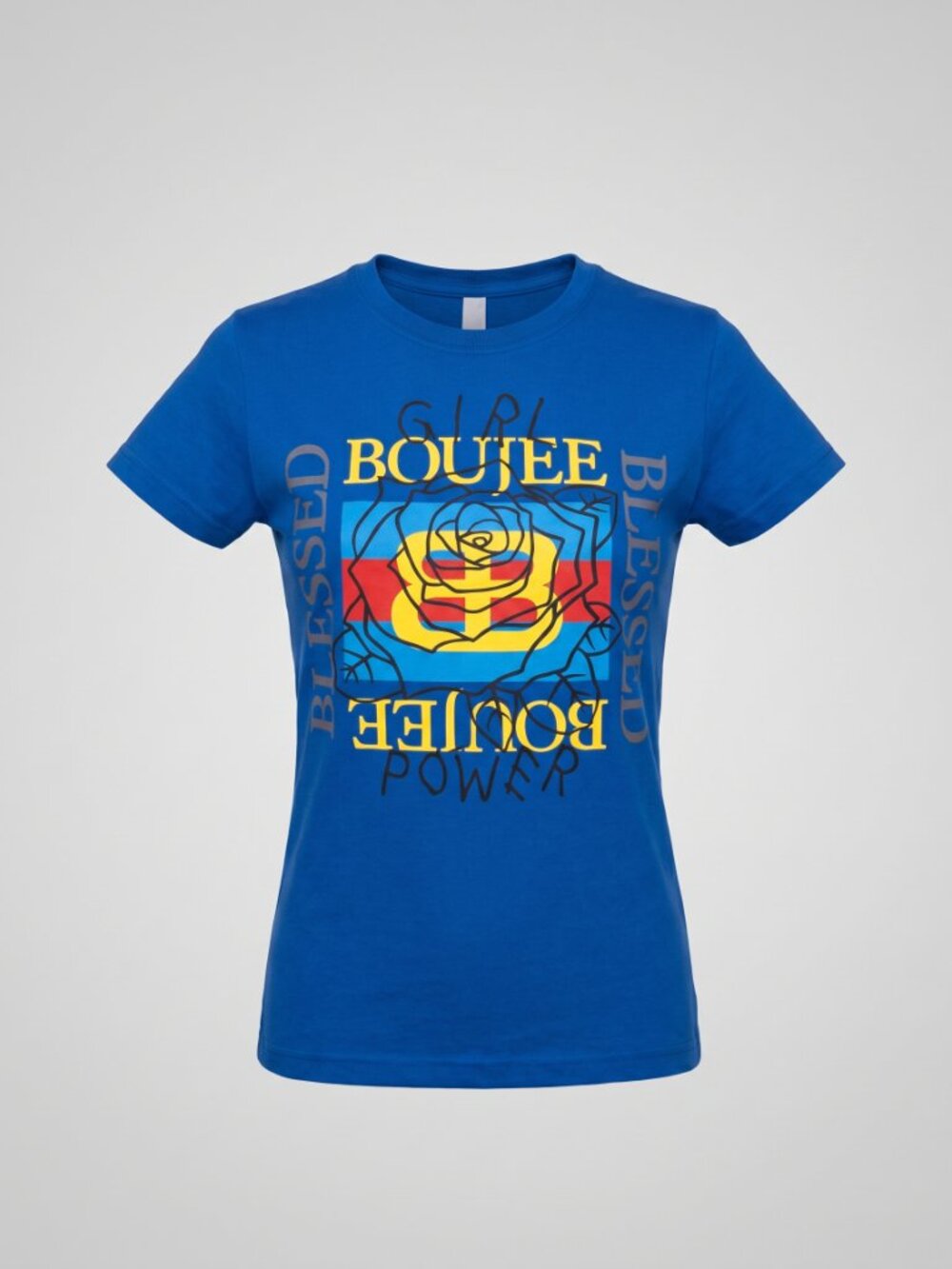 Popular Girl Cotton Boujee Blessed Girl Power Graphic T-Shirt Blue Crewneck Tee